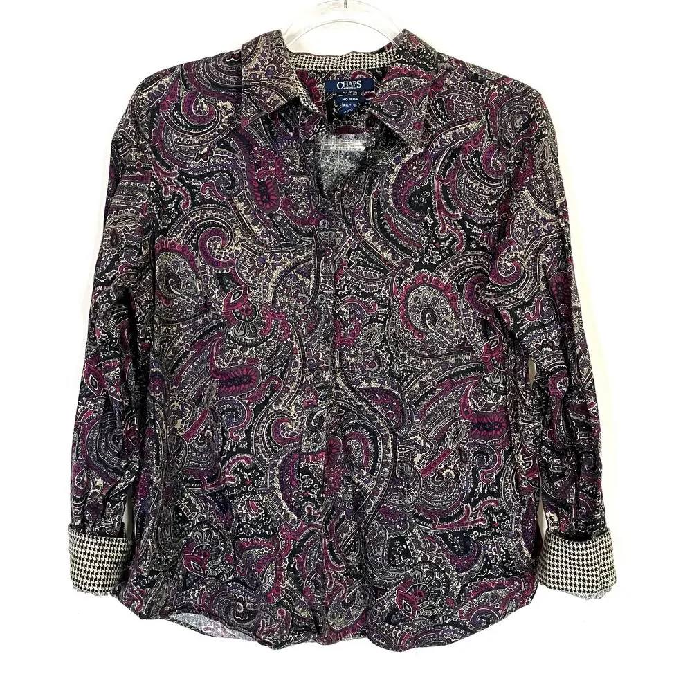 CHAPS Paisley 100% Cotton No Iron Long Sleeve Button Up Shirt Womens XL PETITE